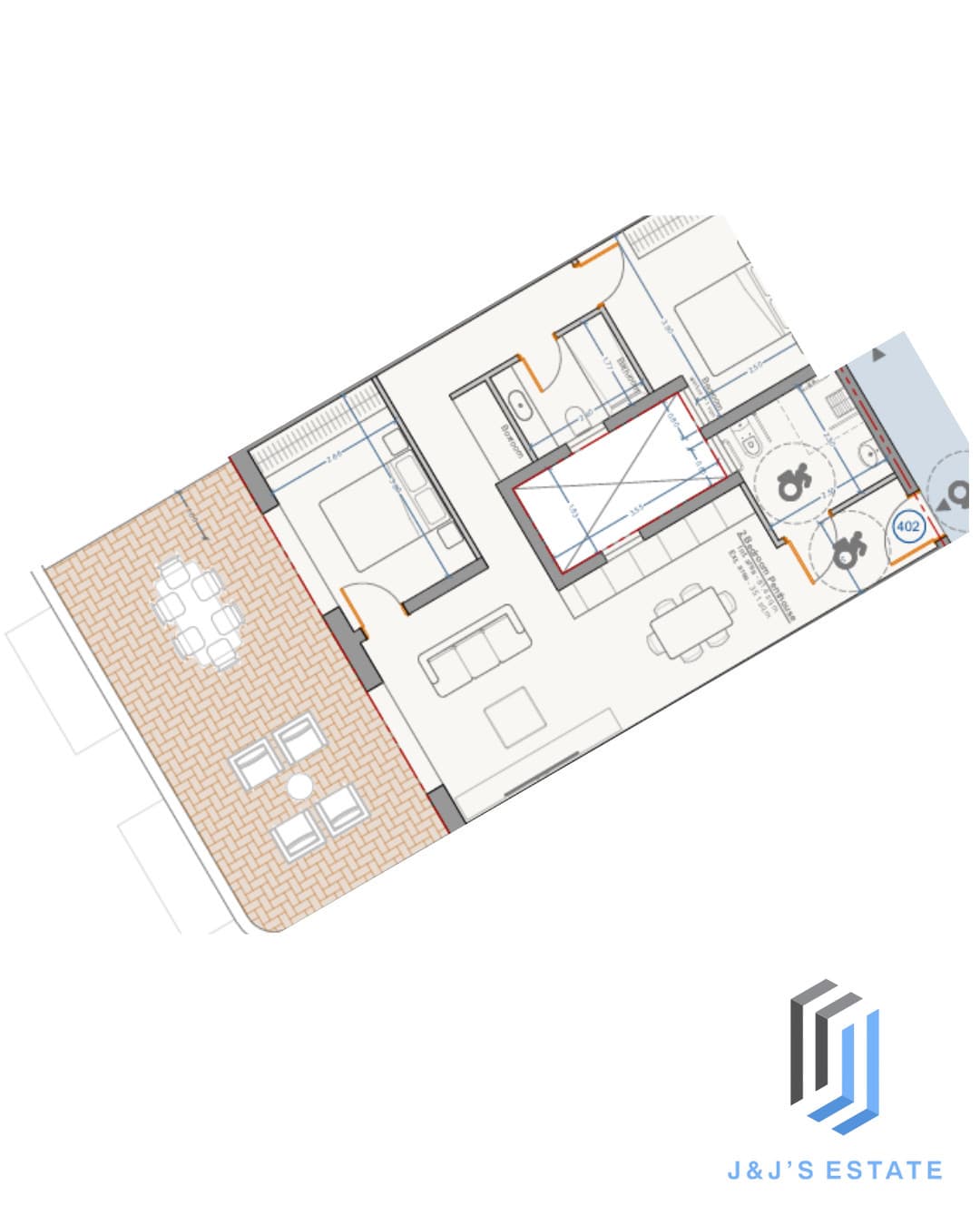 Apartment 402 - A bright 2-bedroom duplex with pool terrace