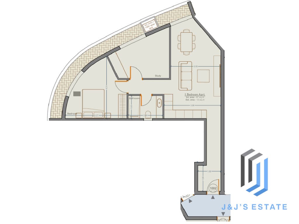 Apartment 1002 - A spacious 1-bedroom apartment with study