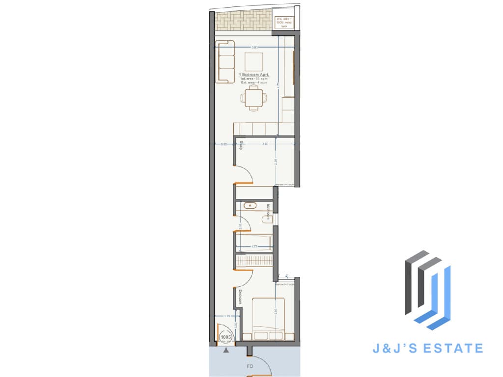 Apartment 1005 – A modern 1-bedroom apartment with study