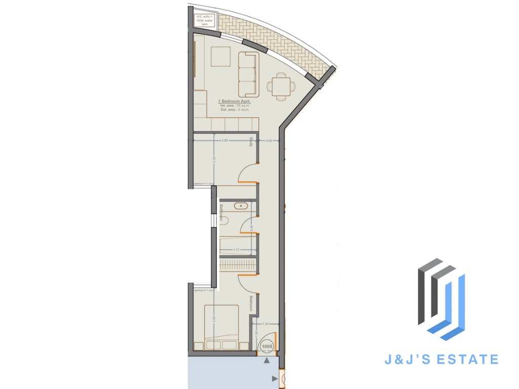 Apartment 1008 – A modern 1-bedroom apartment with study