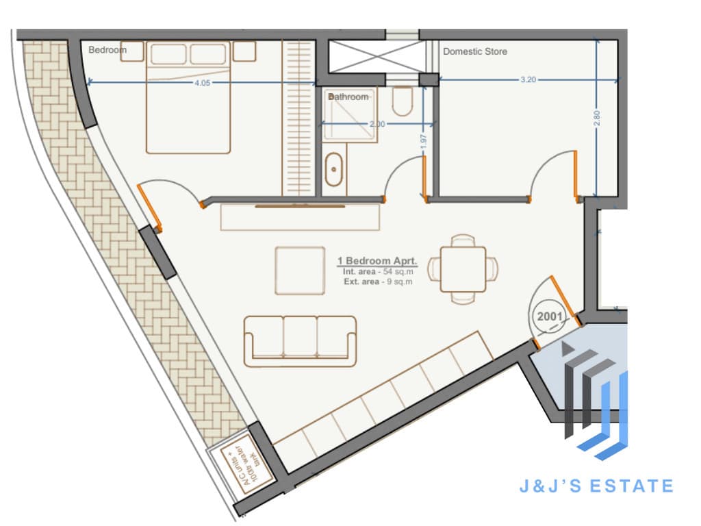 Apartment 2001 – A bright 1-bedroom apartment with domestic store