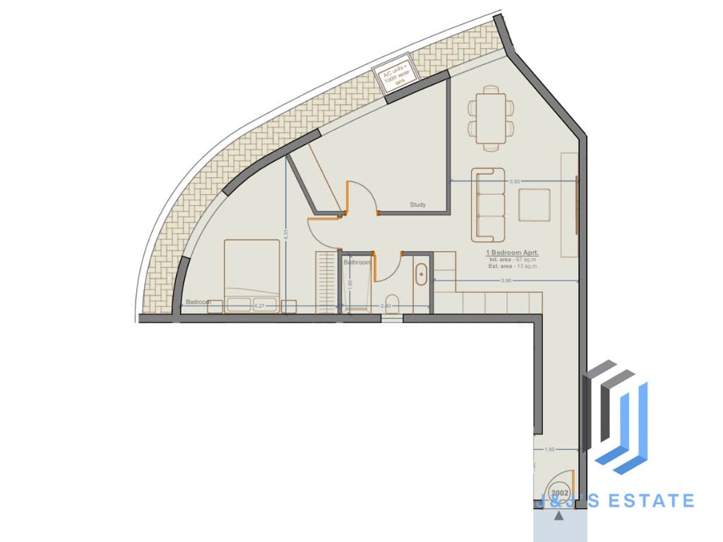 Apartment 2002 - A spacious 1-bedroom apartment with study