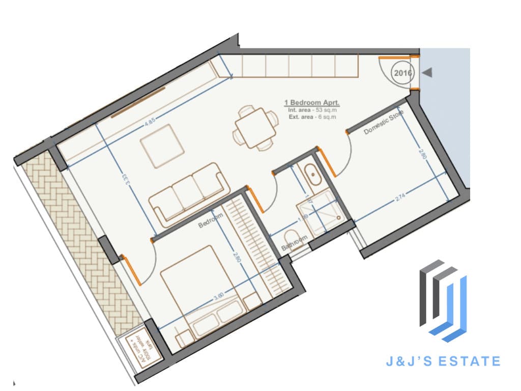 Apartment 2016 - A bright 1-bedroom apartment with domestic store