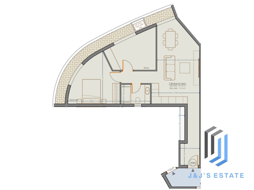 Apartment 3002 - A spacious 1-bedroom apartment with study