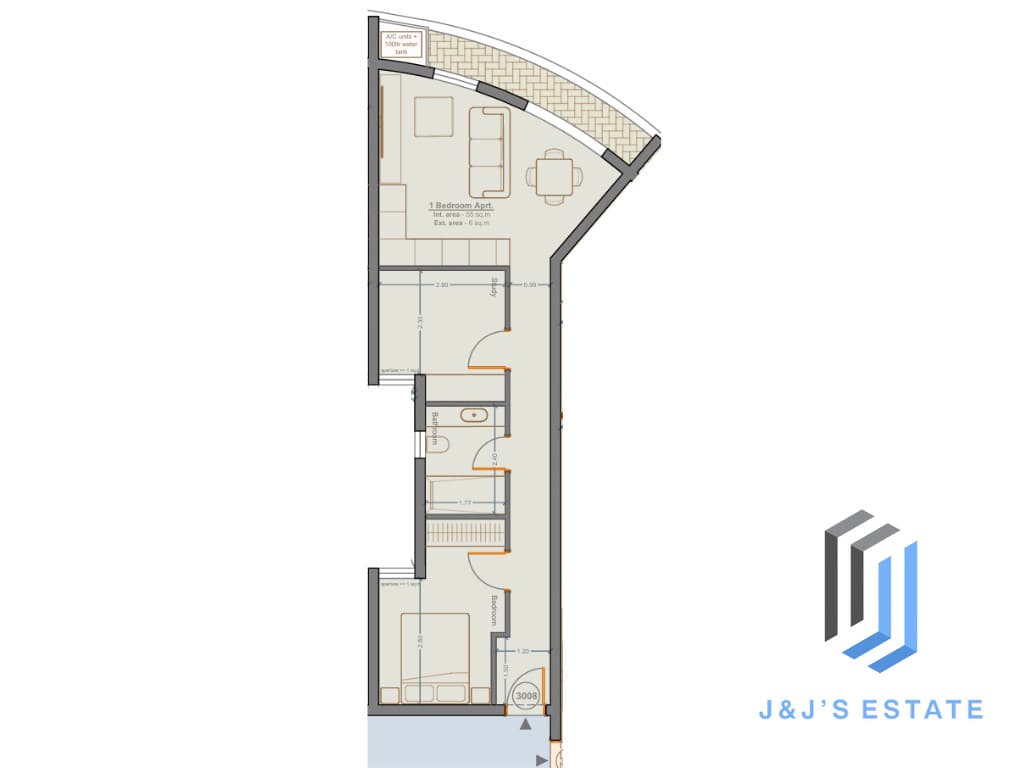 Apartment 3008 - A modern 1-bedroom apartment with study
