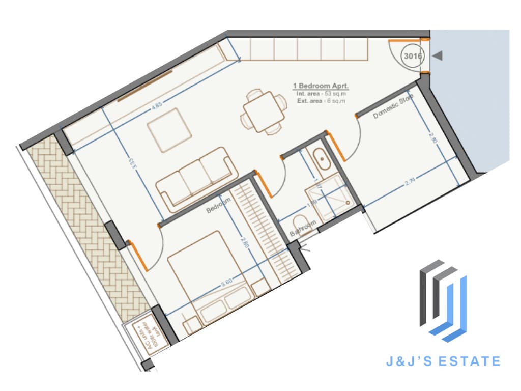 Apartment 3016 - A bright 1-bedroom apartment with domestic store