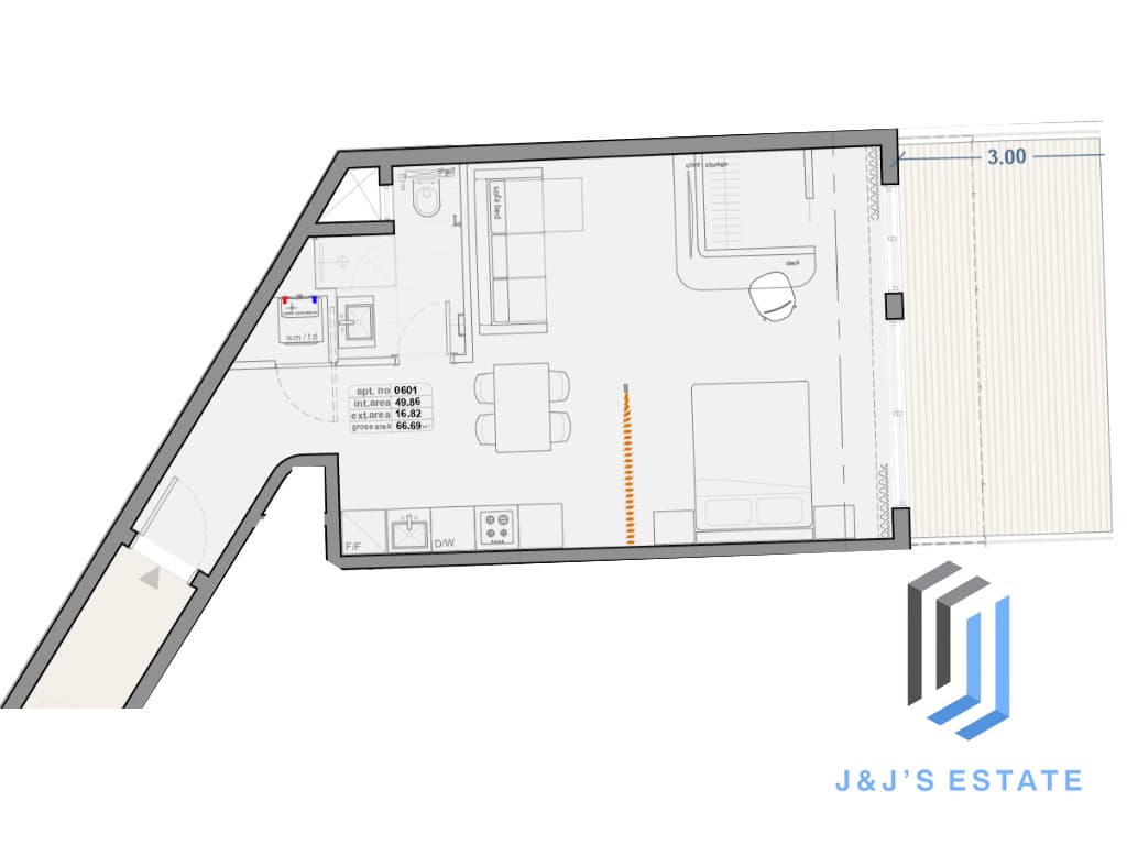 Receded Apartment 601 – A bright 1-bedroom receded apartment with a spacious terrace