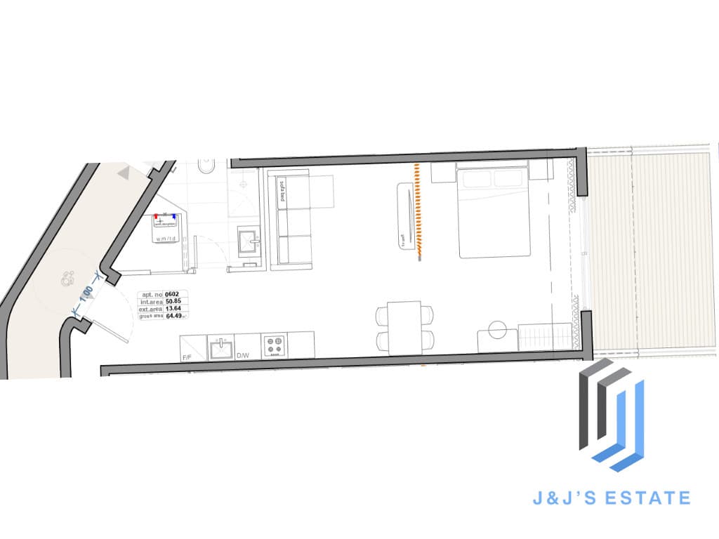 Receded Apartment 602 - A bright 1-bedroom receded apartment with terrace