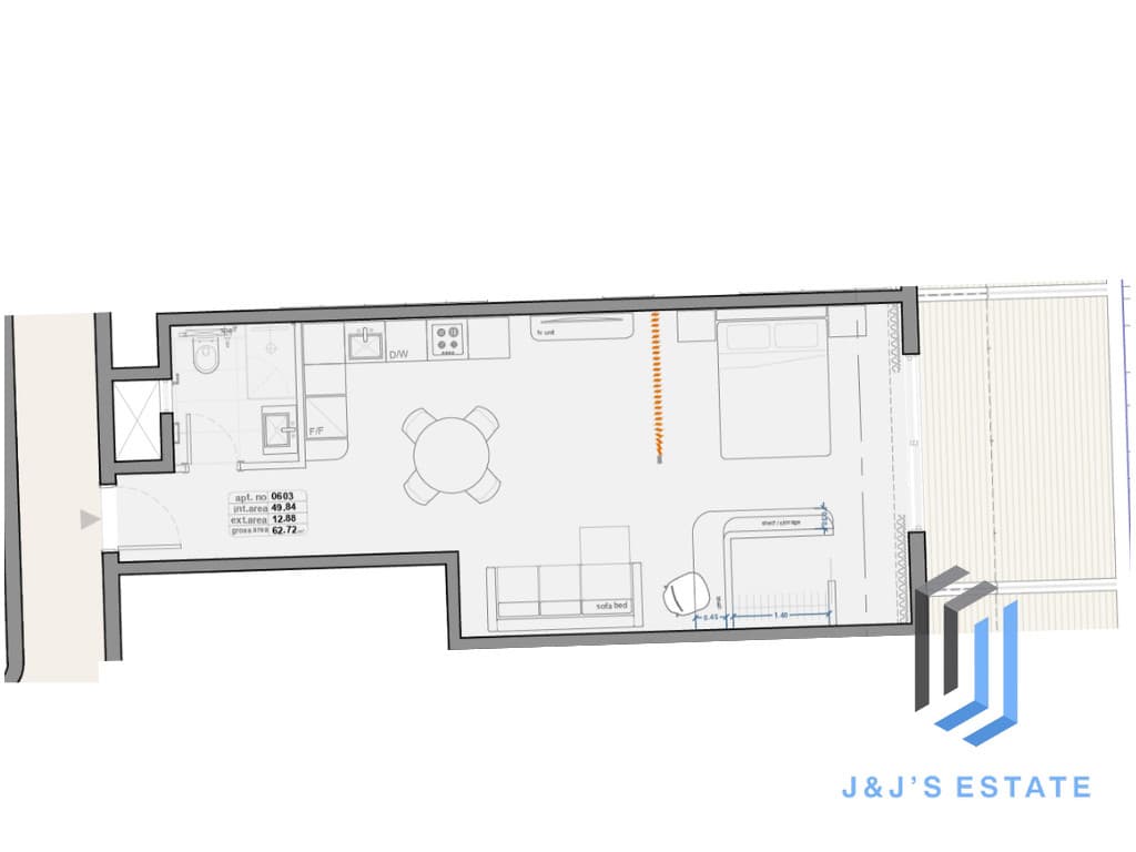 Receded Apartment 603 - A modern 1-bedroom receded apartment with terrace