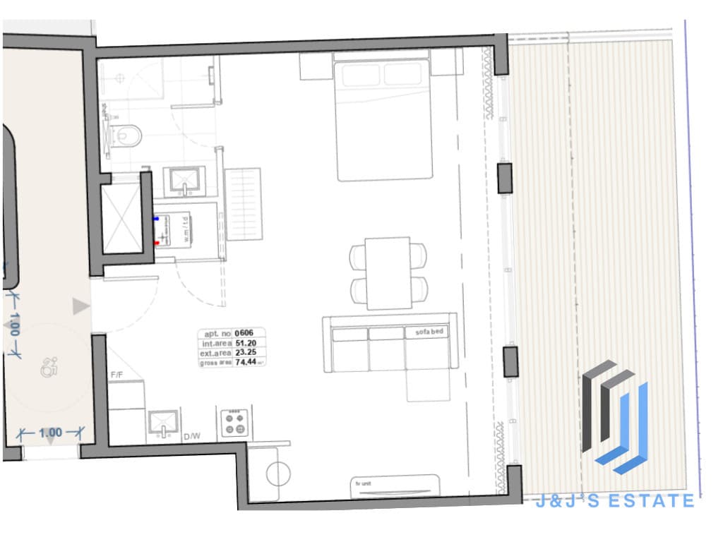 Receded Apartment 606 - A spacious 1-bedroom receded apartment with large terrace