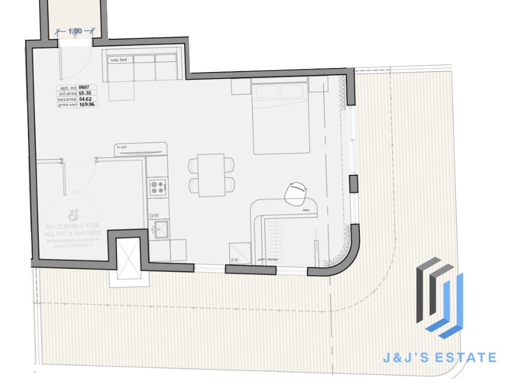 Receded Apartment 607 - An exceptional 1-bedroom receded apartment with expansive terraceacious 1-bedroom receded apartment with large terrace