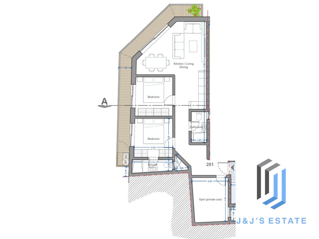 Apartment 201 - A modern 2-bedroom apartment with private gym
